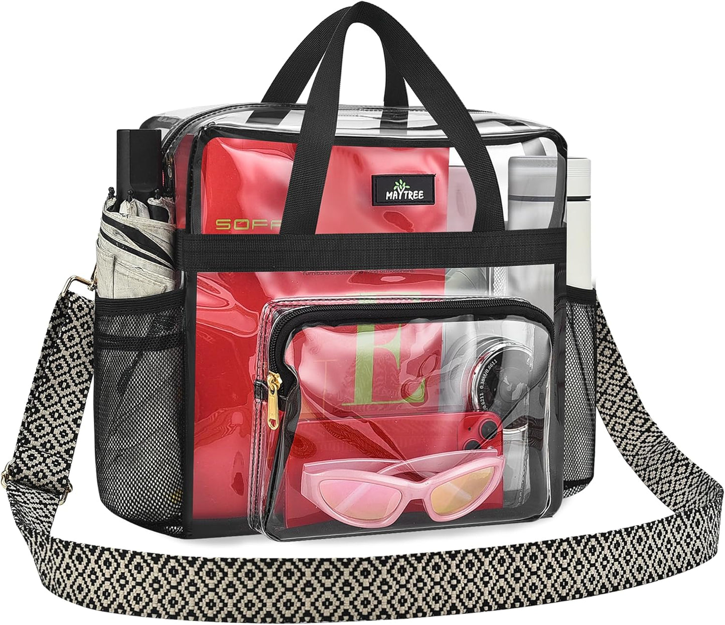 MAY TREE Clear Bag for Stadium Events, 12×5.5×12 Clear Tote Lunch Bag with Non-detachable Reinforced Straps for Work, Sporting Events and Gym, Black