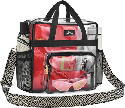 MAY TREE Clear Bag for Stadium Events, 12×5.5×12 Clear Tote Lunch Bag with Non-detachable Reinforced Straps for Work, Sporting Events and Gym, Black