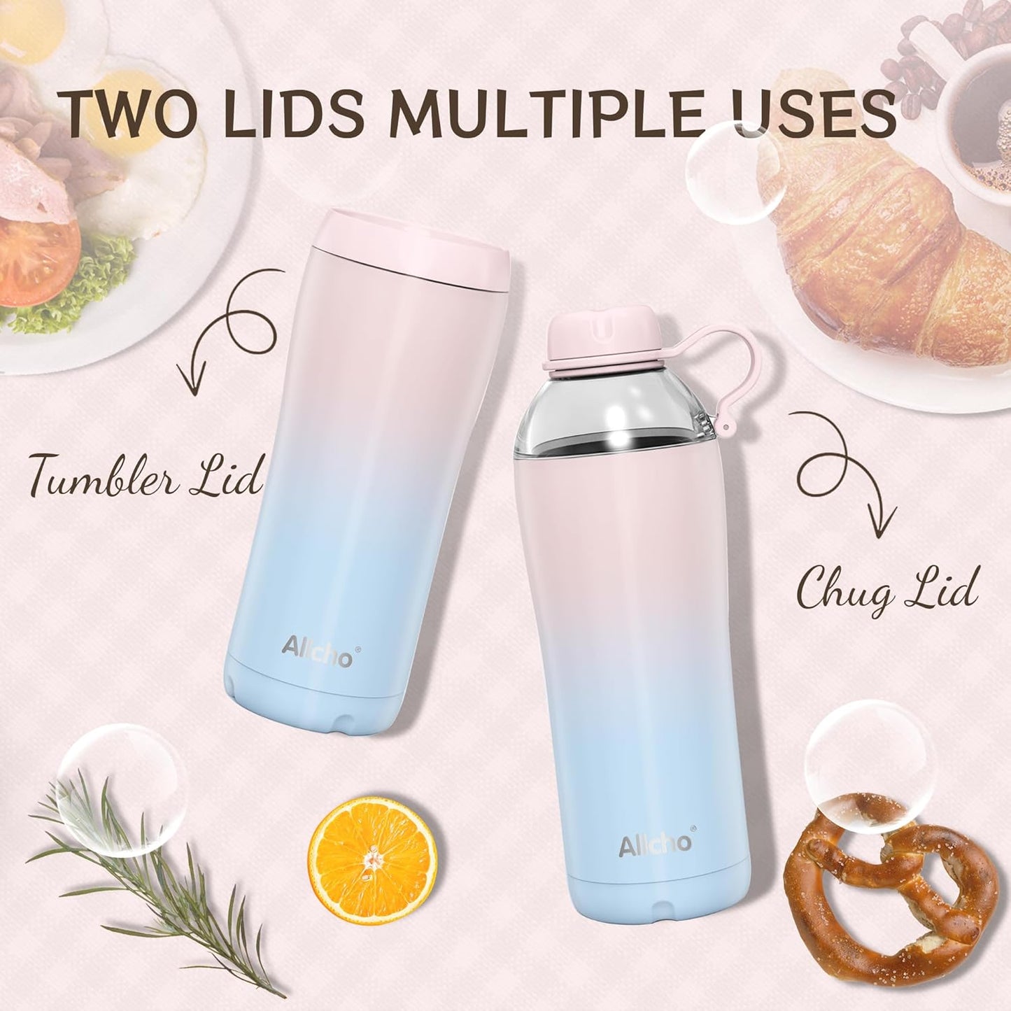 Allcho Insulated Water Bottle for Women, 18oz Stainless Steel Leak Proof Tumbler with 2 Lids, BPA-Free Tritan Chug & Straw Lid, Double Wall Vacuum Flask