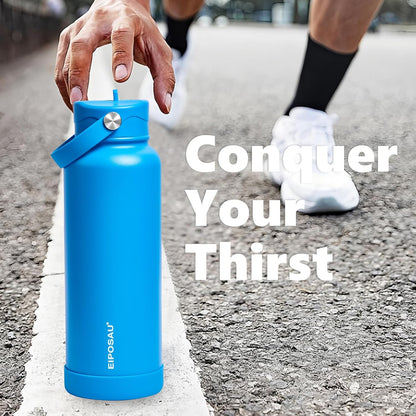 Insulated Water Bottle with Lid & Boot & Stickers, 24 oz Stainless Steel Sweat Free Bottle Keep Cold 24H, BPA-Free Sports Wide Mouth Water Bottle, BlueBlack