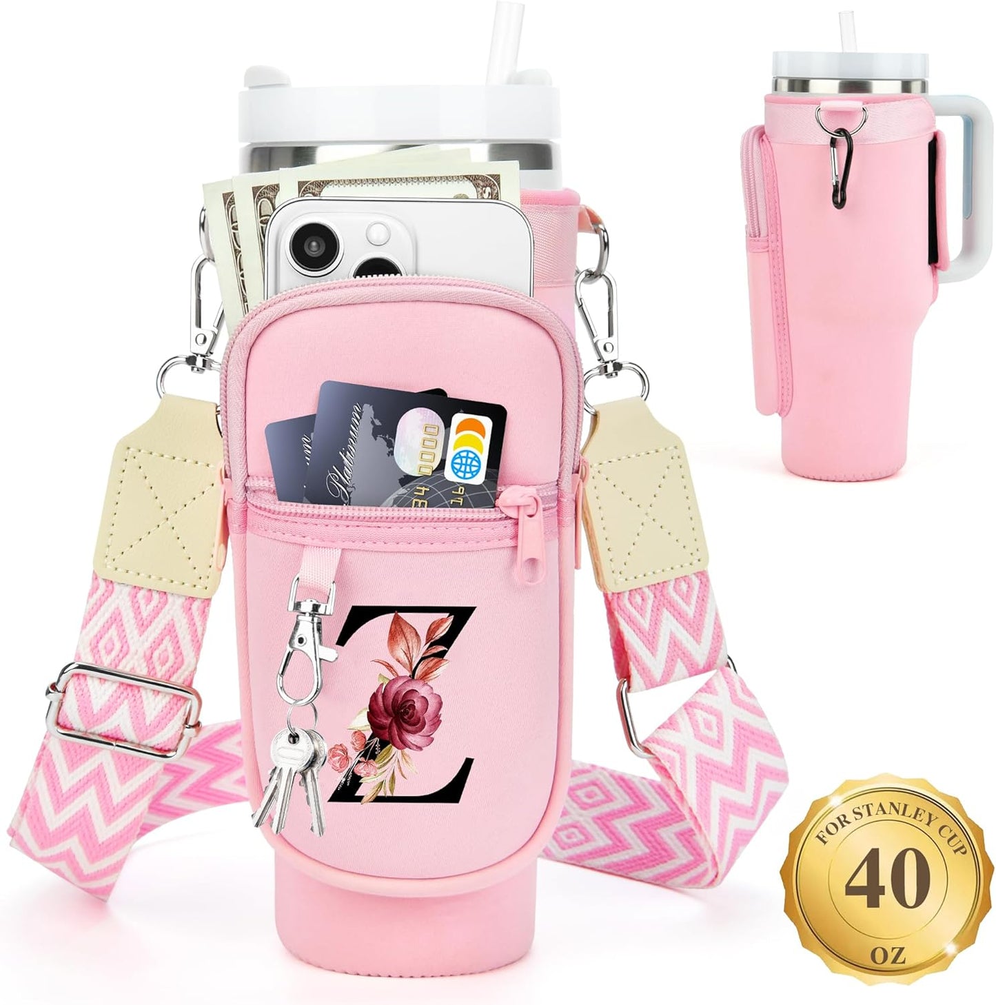LOKASS Personalized Water Bottle Holder with Strap for Stanley Cup Accessories 40 oz, Initial for Stanley Cup Holder Carrier Bag with Phone Pocket, Stylish Tumbler Accessories for Daily Use Hands-Free