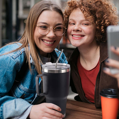 30 oz Tumbler With Handle, Double Wall Stainless Steel Vacuum Insulated Travel Mug with Splash-Proof Lid Metal Straw and Brush (Cream)