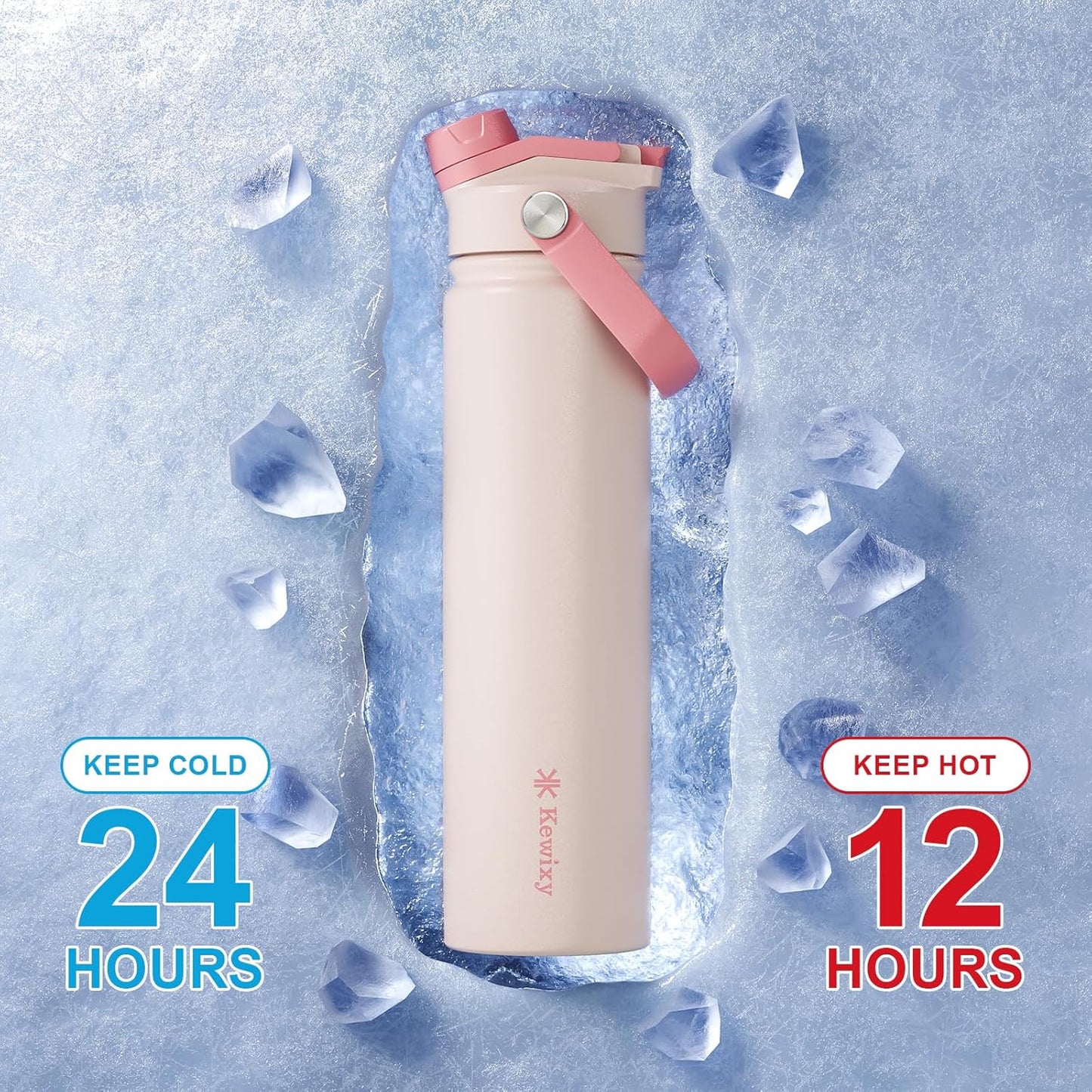 KEWIXY 32 oz Insulated Water Bottle, 2-in-1 Lid, Straw & Spout with Protected, Leak Proof, Keep Cold, Stainless Steel, Metal, Reusable, Handle, for Outdoor, Gym and School, 2 Lids, Blush Pink