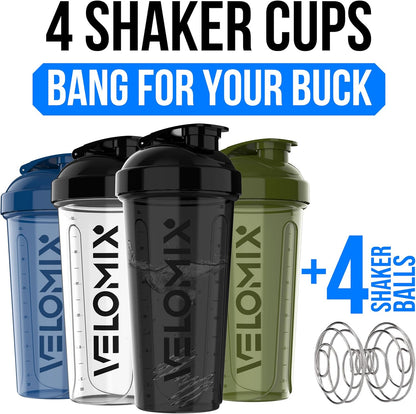 VELOMIX -4 Pack- 28 oz Protein Shaker Bottles for Protein Mixes - 4x Wire Whisk | Leak Proof Shaker Cups for Protein Shakes | Stackable Protein Shaker Bottle Pack (A1) Silver Aurora