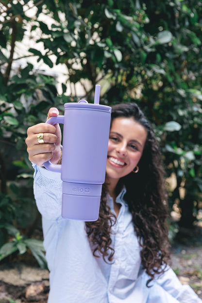 Ello Port 40oz Tumbler with Carry Loop & Integrated Handle, Vacuum Insulated Stainless Steel Reusable Water Bottle, Travel Mug with Leak Proof Lid & Straw, Perfect for Iced Coffee & Tea, White