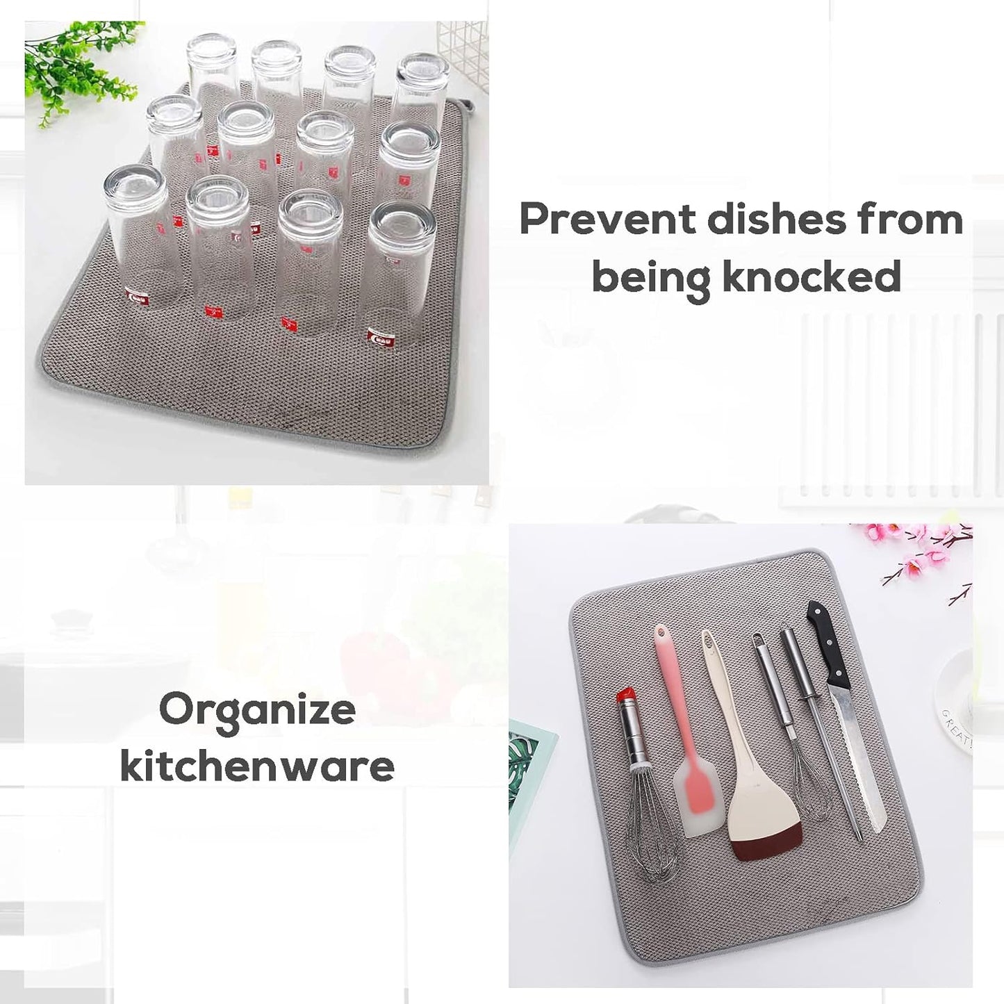 2 Pack Microfiber Dish Drying Mat,24*17 inch Absorbent Dish Drainer Kitchen Counter,Large Size Dish Drying Pad for Countertops,Sinks,Draining Racks(Gray)