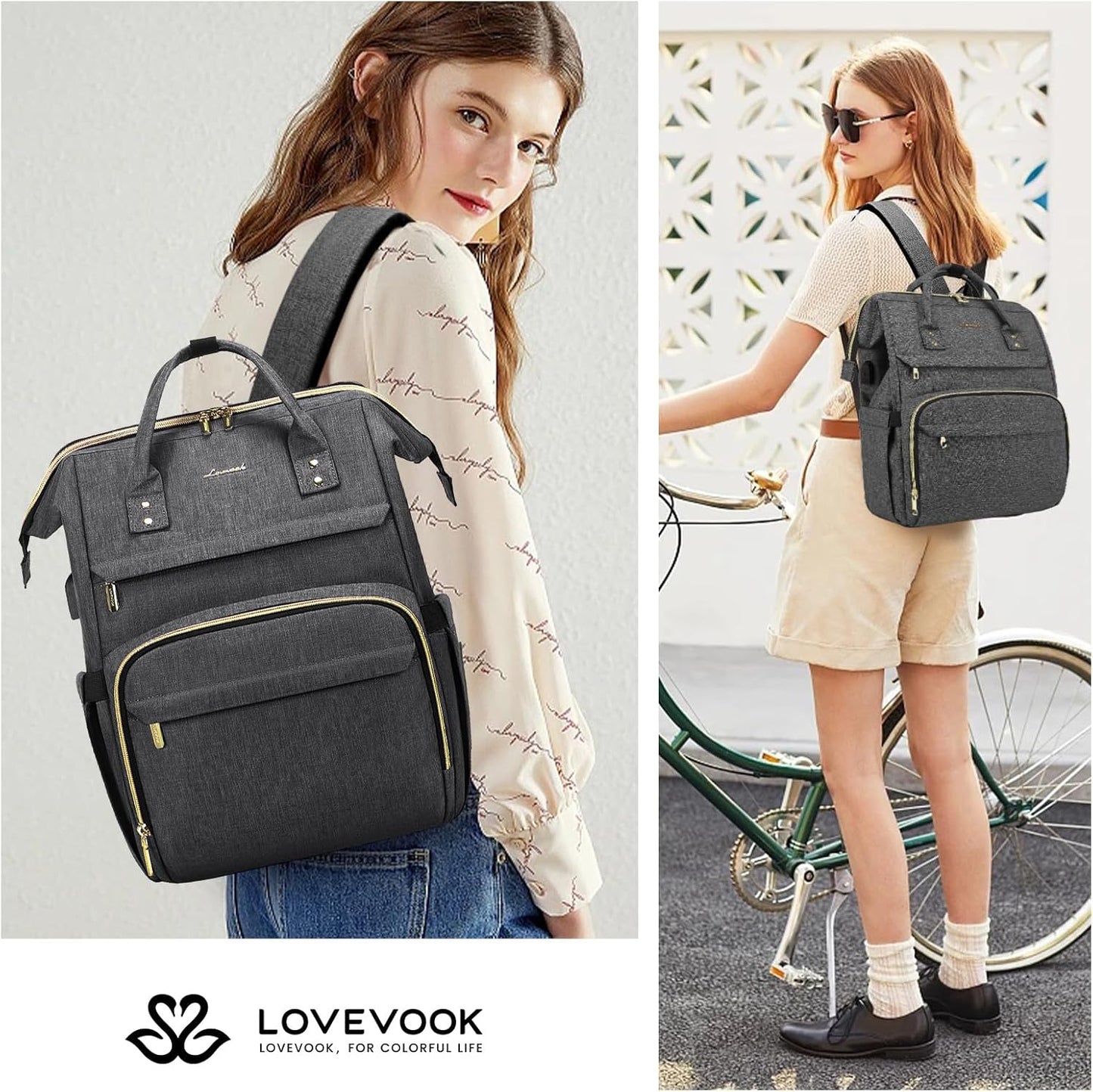 LOVEVOOK Laptop Backpack for Women with Giant Tumbler Holder Pocket,15.6 inch Waterproof Travel Backpack Purse Computer Laptop Bag,Professional Work College Nurse Teacher Backpack Casual Daypack,Black