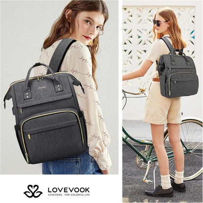 LOVEVOOK Laptop Backpack for Women with Giant Tumbler Holder Pocket,15.6 inch Waterproof Travel Backpack Purse Computer Laptop Bag,Professional Work College Nurse Teacher Backpack Casual Daypack,Black