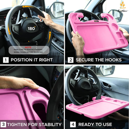 EcoNour 2 in 1 Car Steering Wheel Desk | Tray for Laptop Car Mount with Pen Holder | Desk Console for Car | Food Tray for Eating with Drinks Holder | Multipurpose Travel Car Accessories