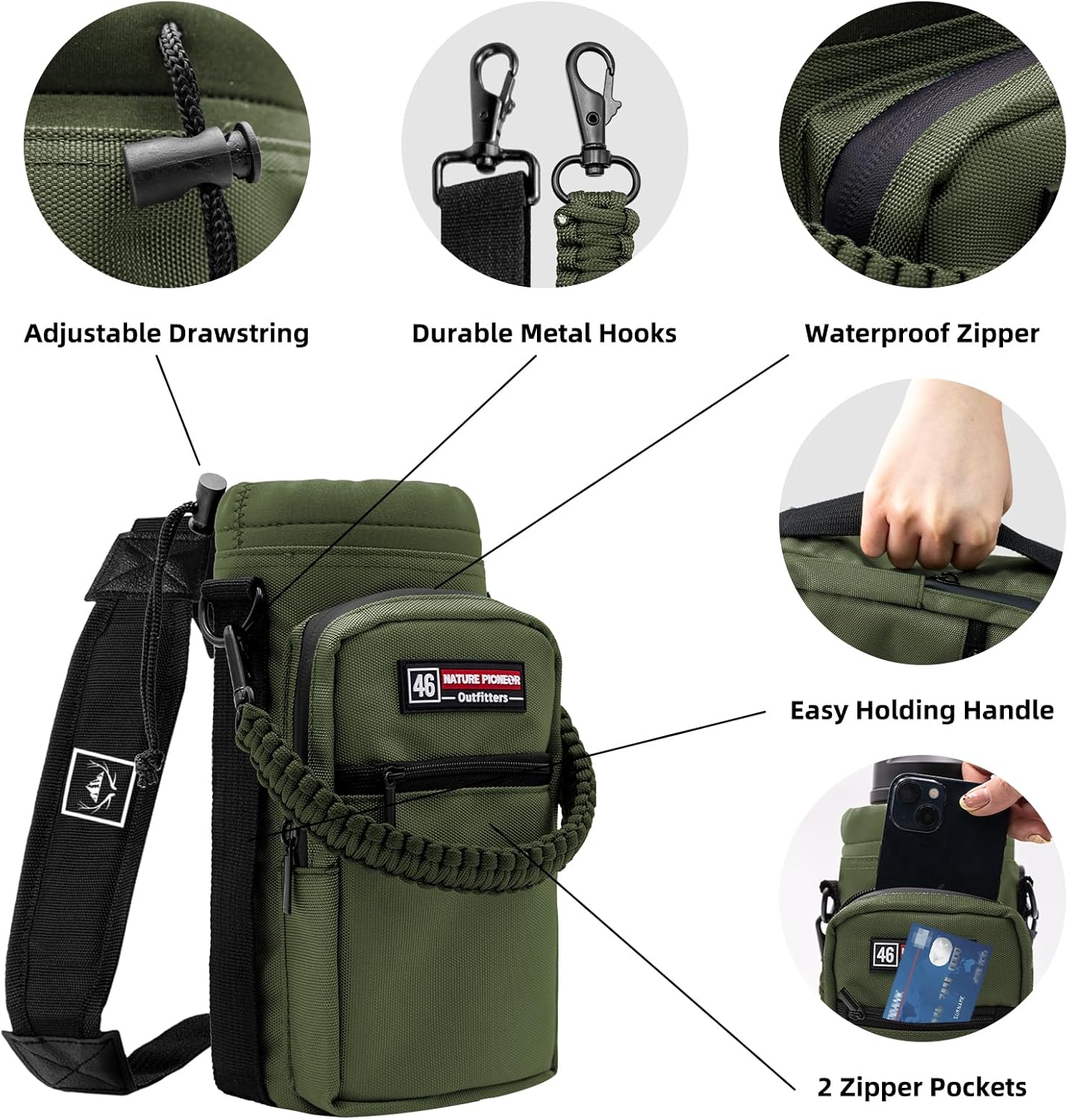 NATURE PIONEOR Water Bottle Holder with Adjustable Strap - 26/32/36/40/46/64oz Insulated Water Bottle Sling Carrier with Paracord Handle & 2 Pockets, Outdoor Sports, Hiking, Camping, Gym