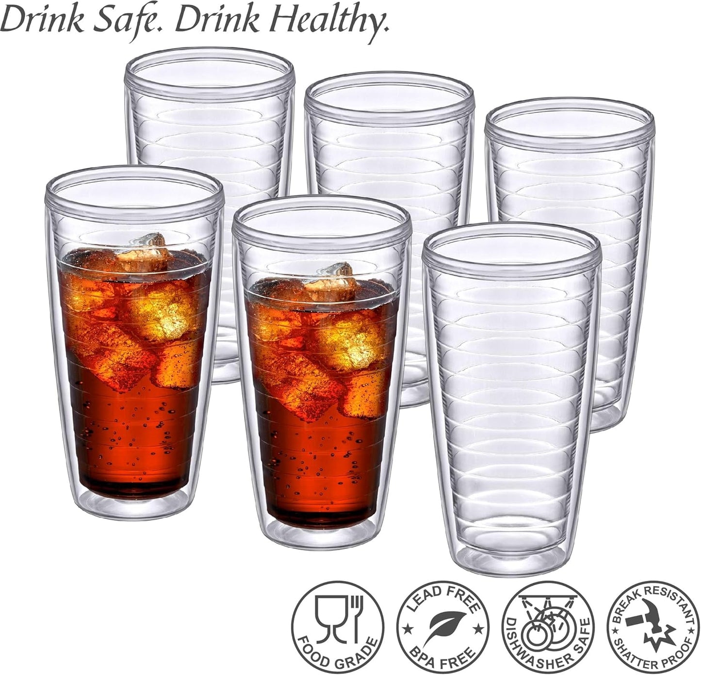 Amazing Abby - Alaska - 24-Ounce Insulated Plastic Tumblers (Set of 6), Double-Wall Plastic Drinking Glasses, All-Clear Reusable Cups, BPA-Free, Shatter-Proof, Dishwasher-Safe