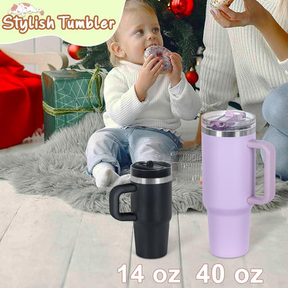 Cosictic 14 Oz Flip Straw Tumbler with Handle for Kids, Stainless Steel Double Wall Insulated Cup for Children with Flip Top Lid, 14 Oz Leak-proof Cups for Kids, Sky Blue and Purple