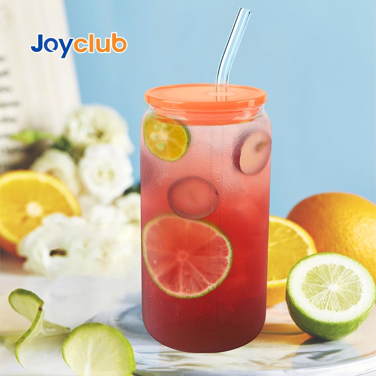 Joyclub 8pcs 16 oz Glass Cups with Acrylic Lids and Straws Can Shaped Iced Coffee Glasses Cute Tumbler Set Drinking Jars for Smoothie Soda Boba Beer Party Housewarming Gifts