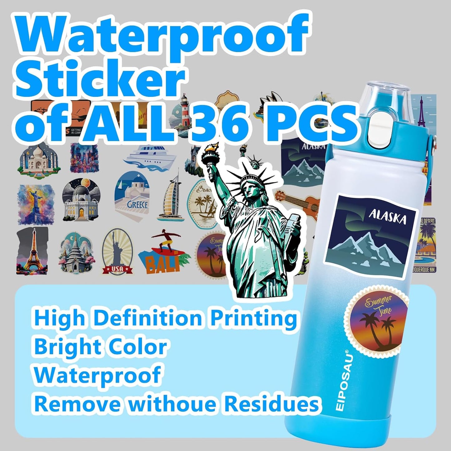 Insulated Water Bottle with Lid & Boot & Stickers, 24 oz Stainless Steel Sweat Free Bottle Keep Cold 24H, BPA-Free Sports Wide Mouth Water Bottle, BlueBlack
