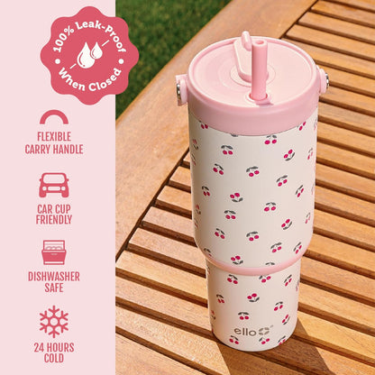 Ello Oasis Go+ 26oz Tumbler with Top Handle and Retracting Straw | Reusable Insulated Stainless Steel Cup, 100% Leakproof Water Bottle, 24 Hours Cold, Cup Holder Friendly For Travel | Wild Rasberry