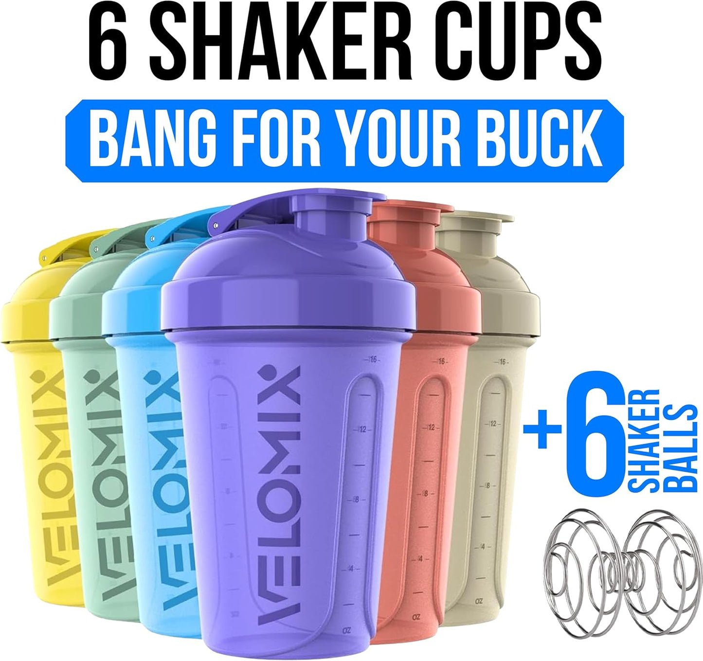 VELOMIX -6 PACK- 20 oz Protein Shaker Bottle for Protein Mixes - 6x Wire Whisk | Leak Proof Shaker Cups for Protein Shakes | Stackable Protein Shaker Bottle Pack | Dishwasher Safe (Pastel Shades)