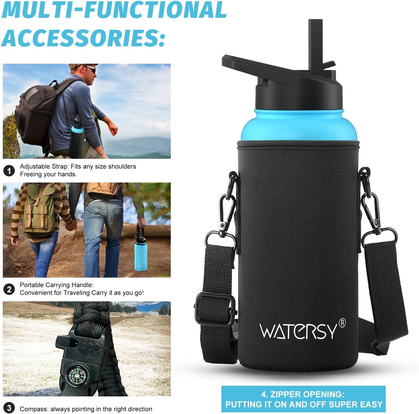 40oz Insulated Water Bottle (Cold for 48 Hrs),BPA Free&Leak Proof,Stainless Steel Water Flask,Water Jug with Straw Spout Lids for Gym,Hiking,Travel,Black Blue
