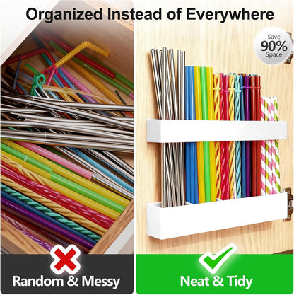 9.5” Large Acrylic Straw Holder for Cabinet Door, Reusable Adjustable Two-Part Straws Organizer with Ultra Sticky Adhesive Strips, 2026 Straw Storage for Kitchen Cupboard (Transparent)