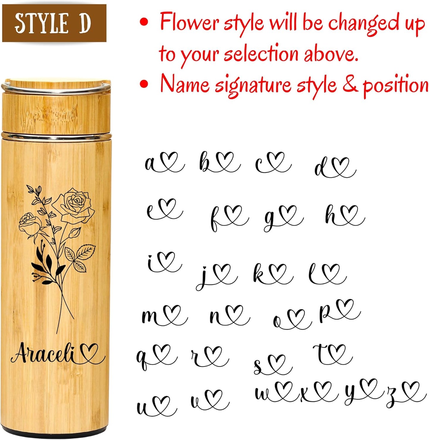 Bamboo Water Bottle Insulated Tea Tumbler for Men Birthday Gift, Women Travel Tea Set with Diffuser for Loose Tea Leaves, Stainless Steel Leak Proof Gift for Mom (15 oz)