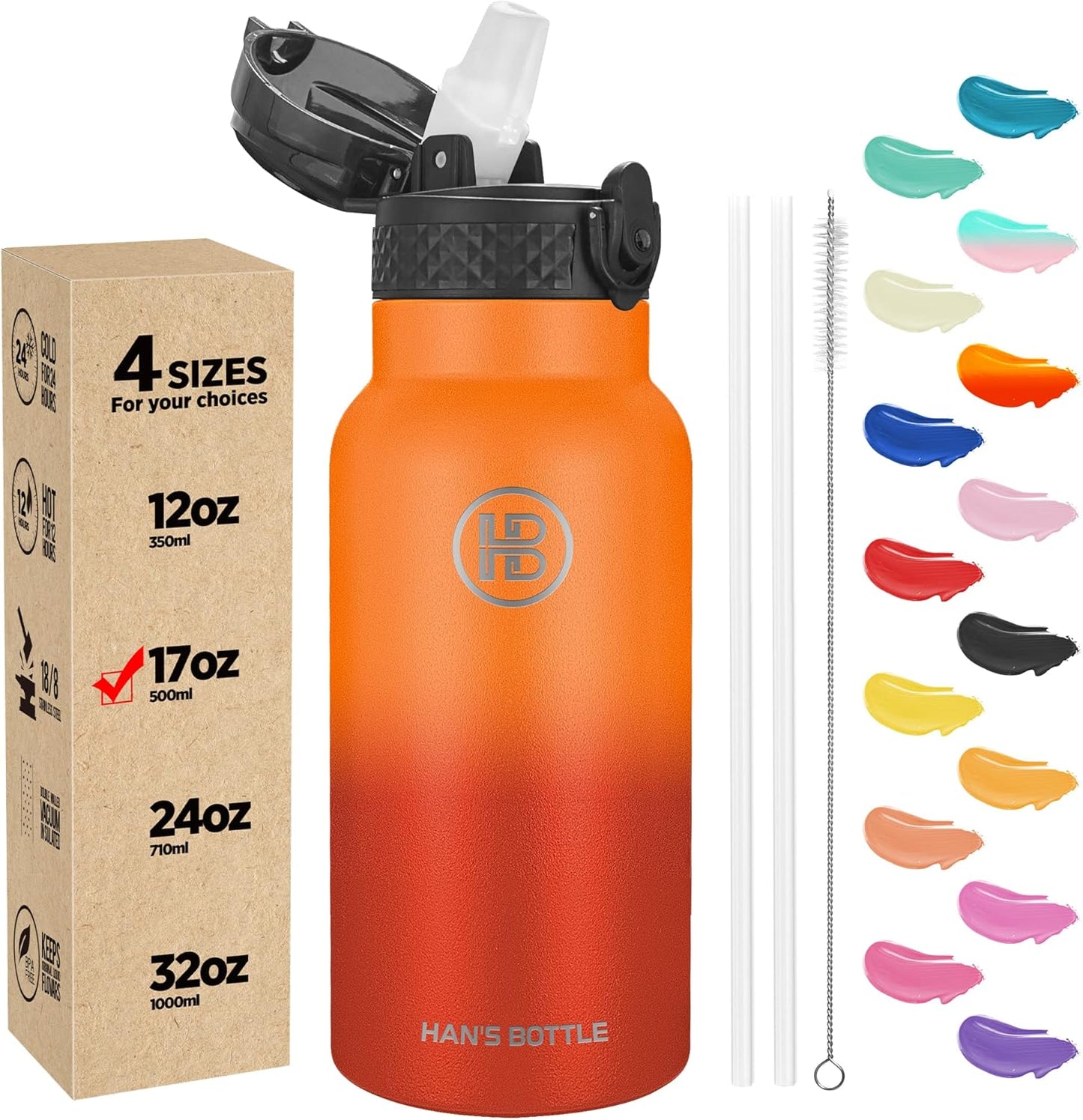 Han's Bottle Sports Water Bottle - 24 Oz, Straw Lid, Leak Proof, Vacuum Insulated Stainless Steel, Double Walled, Thermo Mug,Black