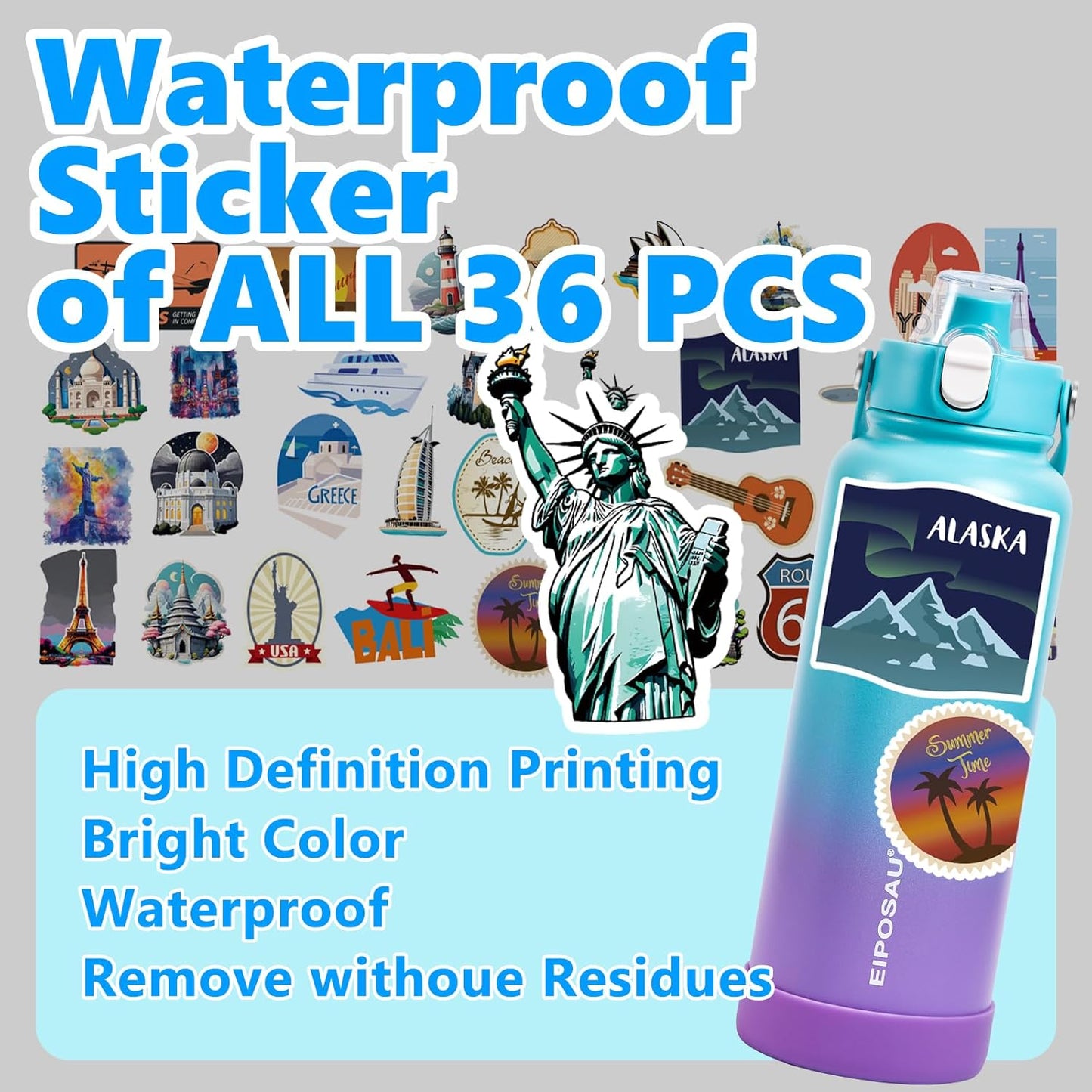 Insulated Water Bottle with Lid & Boot & Stickers, 24 oz Stainless Steel Sweat Free Bottle Keep Cold 24H, BPA-Free Sports Wide Mouth Water Bottle, BlueBlack