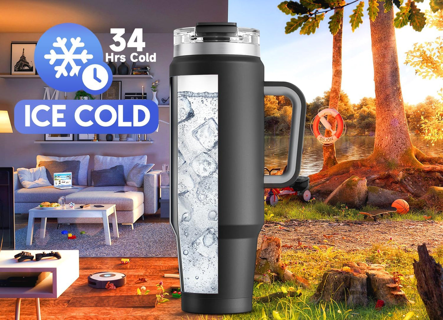 Meoky 32 oz Tumbler with Handle, Insulated Tumbler with Lid and Straw, Stainless Steel Travel Mug, Keeps Cold for 24 Hours, 100% Leak Proof, Fits in Car Cup Holder (Night)