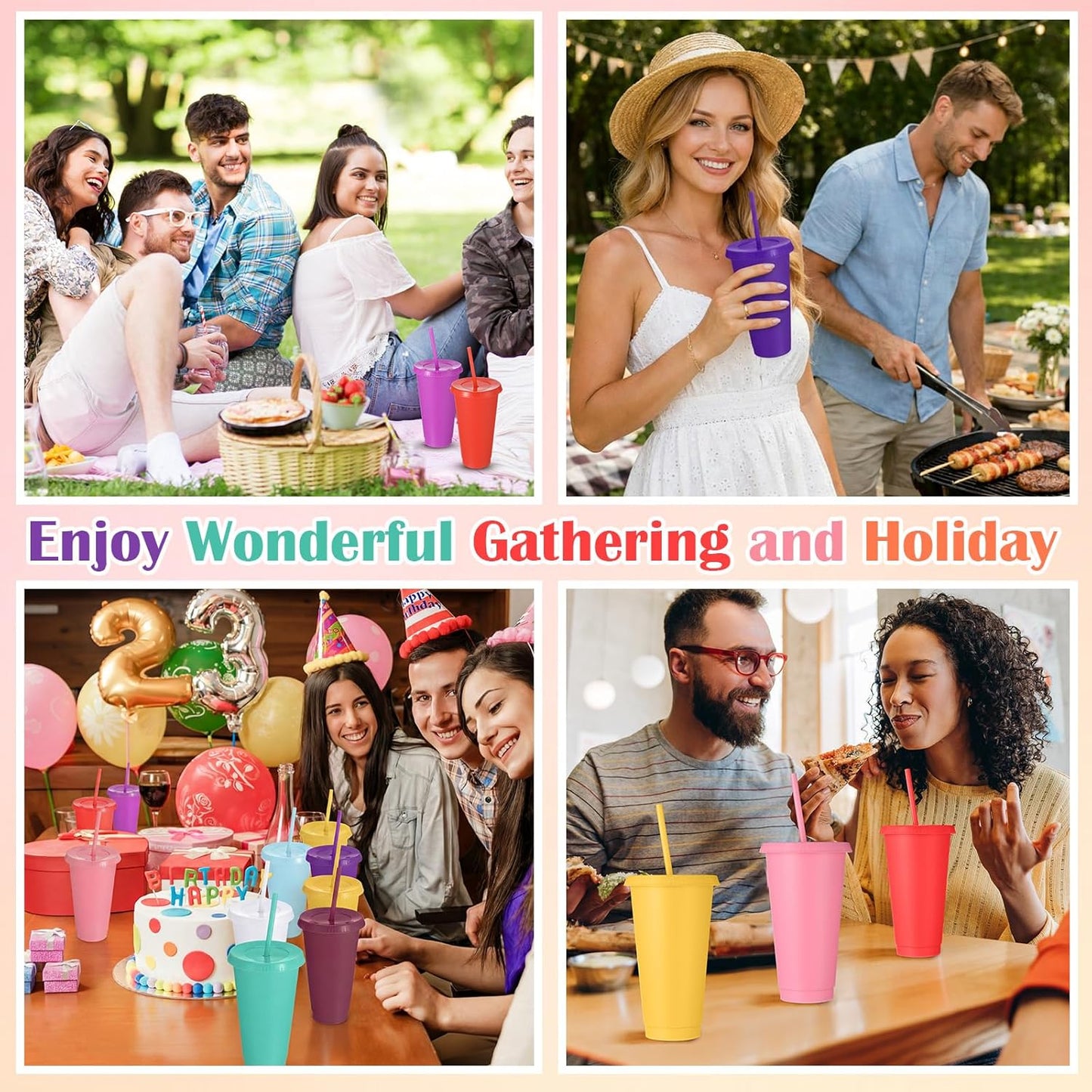 Honeydak 15 Pack Tumbler with Straw and Lid Bulk Cups for Gifts Water Bottle Iced Coffee Travel Mug Cup Reusable Plastic Tumblers for Party Birthdays 24-27 oz (Solid Color)