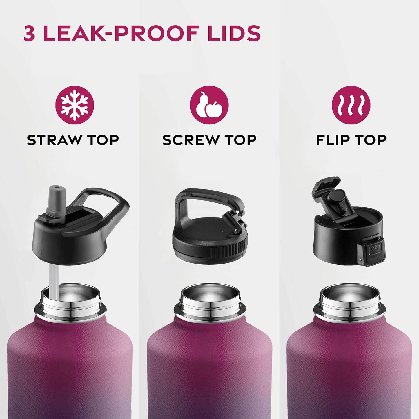 FineDine Water Bottle - Stainless Steel Insulated Water Bottle with Straw Lid, Flip Lid & Wide-Mouth Cap - Keeps Hot and Cold - 25 Oz / 739ml - Dreamy Purple