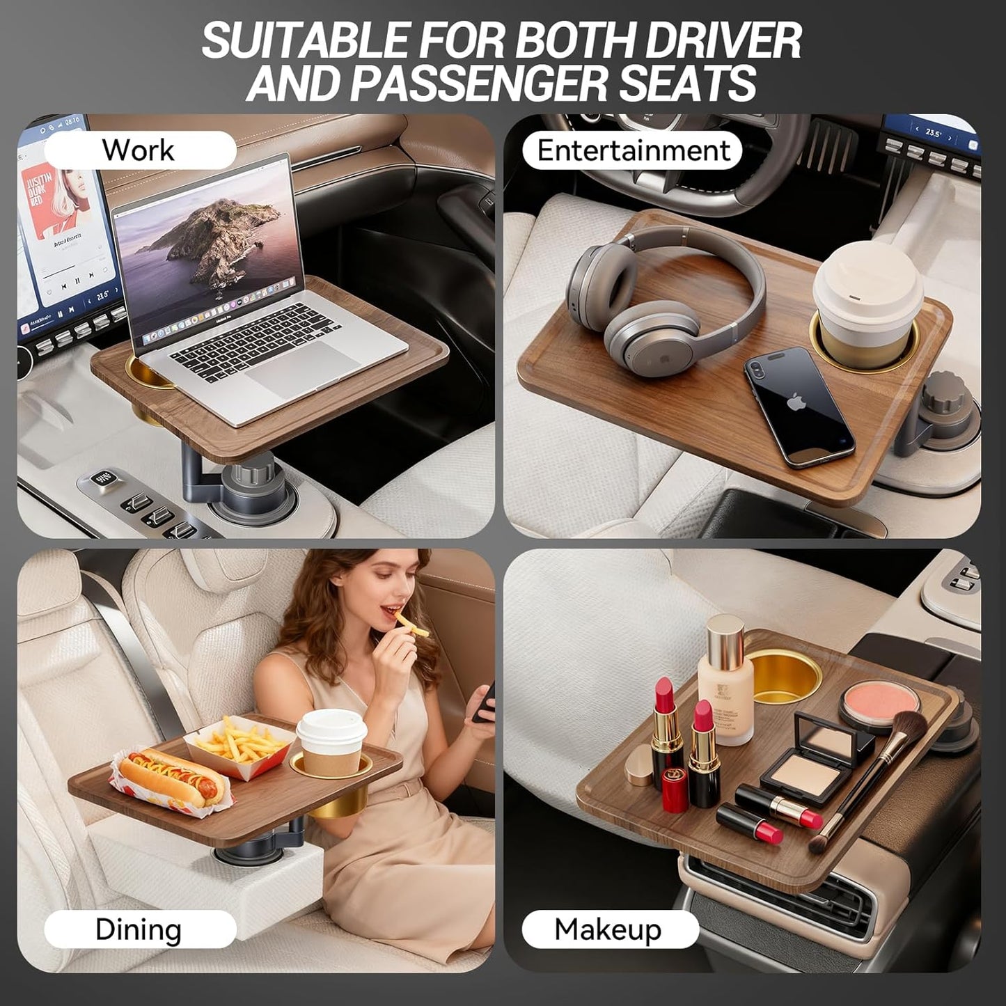 Car Cup Holder Tray Desk, 360° Rotating Black Walnut Solid Wood Food Car Table - Steering Wheel Tray Road Trip Essentials Accessories for Tesla Model Y/3/S, Ford F150 Most Vehicles