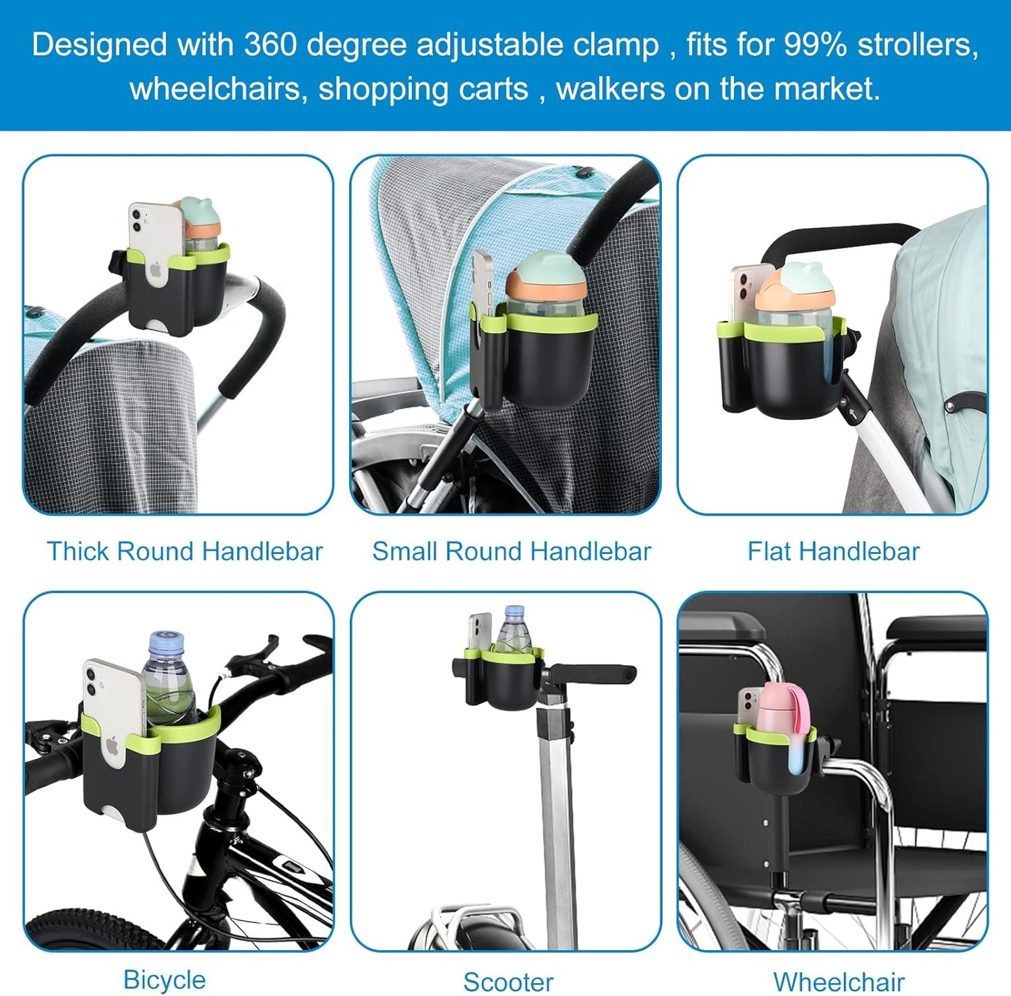 Accmor Stroller Cup Holder with Phone Holder, Bike Cup Holder, Universal Cup Holder for Uppababy Nuna Doona Strollers, 2-in-1 Cup Holder for Walker, Wheelchair, Scooter - Colors B