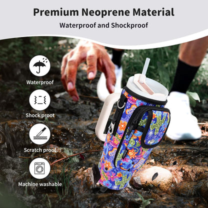 Water Bottle Holder with Strap for Stanley Cup 40/30oz, Insulated Neoprene Stanley Cup Holder with Strap for Tumbler with Handle Stanley Carrier Bag Cross-body Bag for Walking