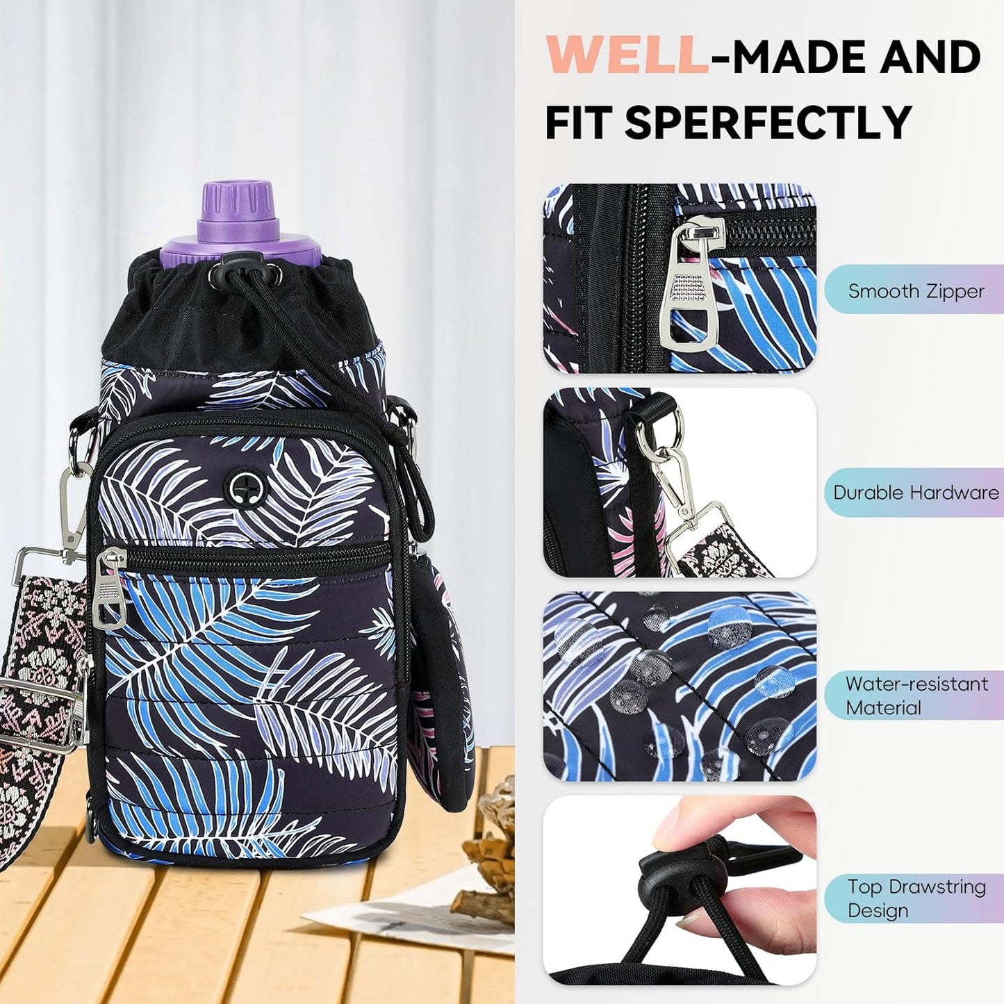 Water Bottle Carrier Bag with Strap, Sling Bag for Walking, Hiking, Cycling, Black, 40 Ounces