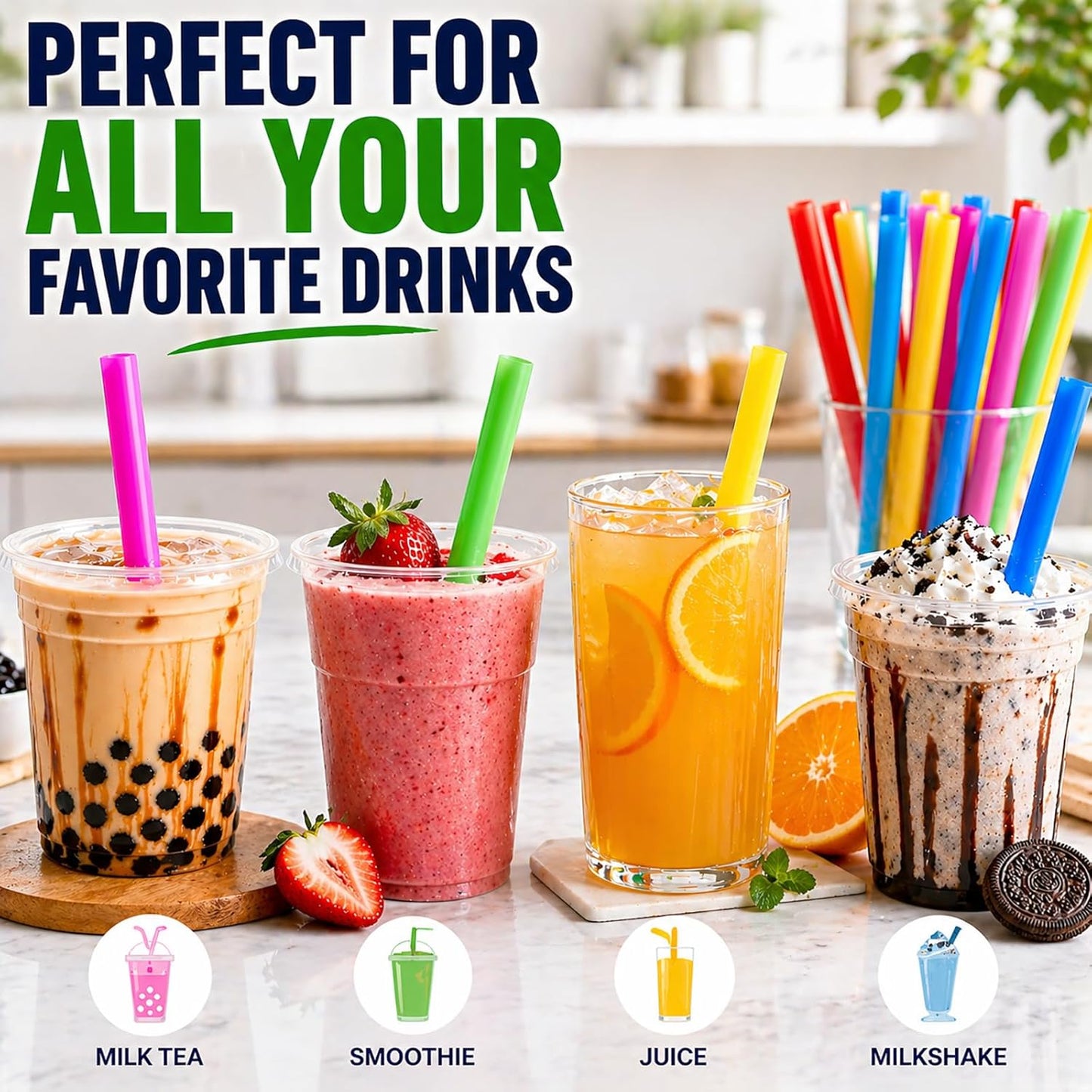 ALINK 100 Extra Large Plastic Bubble Tea Smoothie Straws, 1/2" Wide X 8 1/2" Long Jumbo Boba Straws for Milkshakes, Milk Tea, Slush, Juice, Party