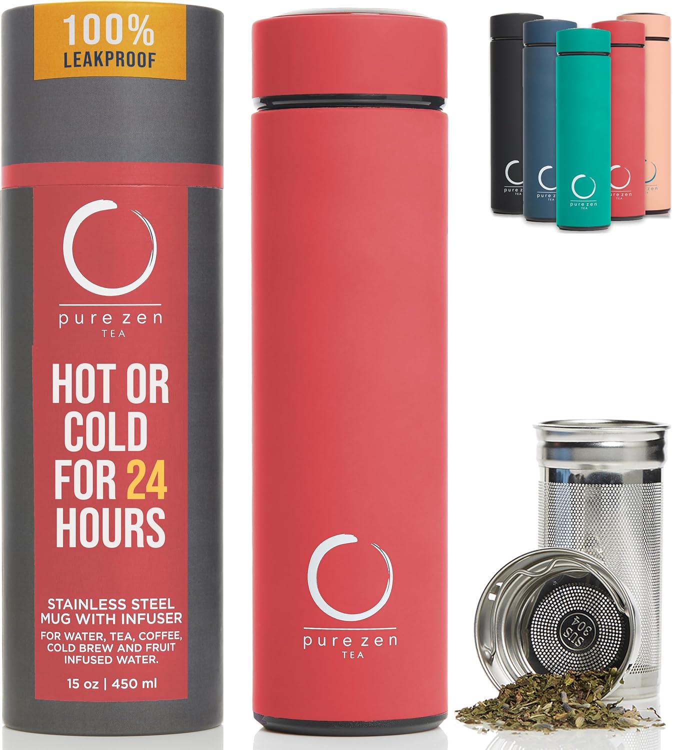 Pure Zen Tea Thermos with Infuser for Hot and Cold Infusions - Stainless Steel - Tea Infuser Bottle - Leakproof Travel Mug with Filter - 15oz - Blue