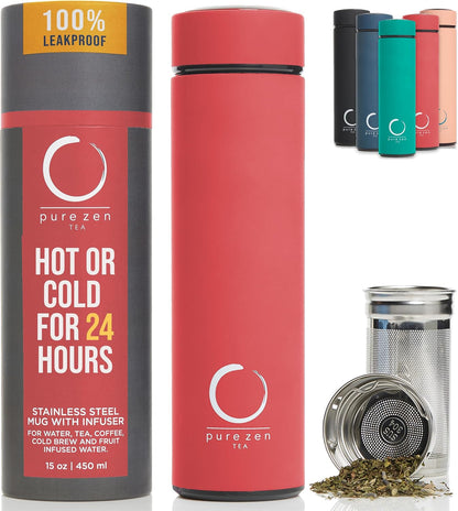Pure Zen Tea Thermos with Infuser for Hot and Cold Infusions - Stainless Steel - Tea Infuser Bottle - Leakproof Travel Mug with Filter - 15oz - Blue