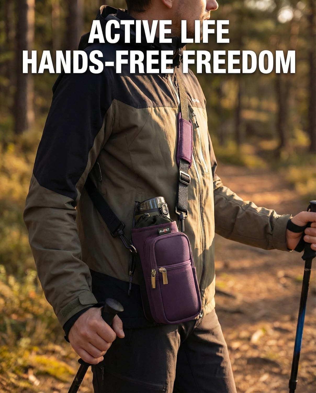AUPET Water Bottle Sling Bag Sleeve Holder Carrier 25/32/40/64 oz,Insulated Crossbody Water Bottle Case Cover with Strap and Pockets for Men/Women Walking Hiking