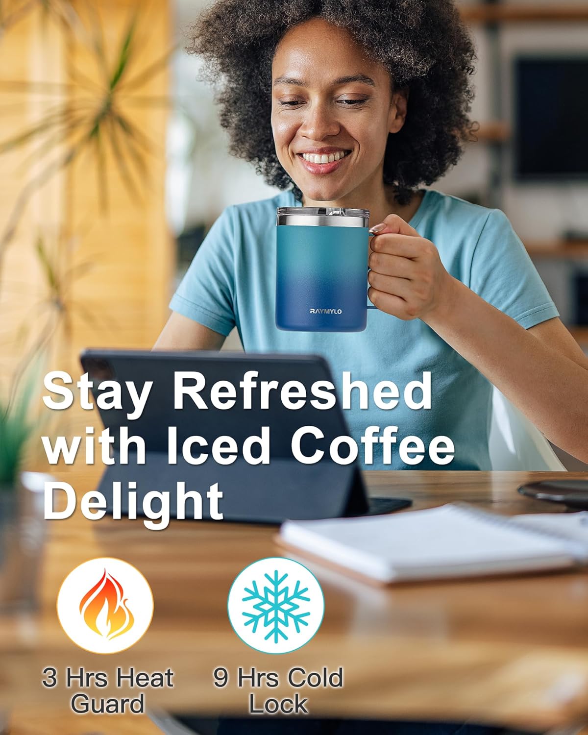 RAYMYLO Insulated Coffee Mug 12 oz, Double Wall Stainless Steel Coffee Mug with Lids, Leak-Proof & Detachable Slider Lid for Thorough Clean, Keeps Coffee Cold for 9 Hrs, Suitable for Camp Home Office