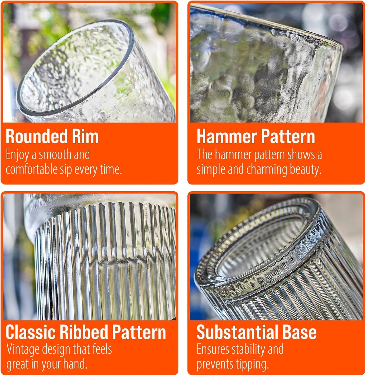 SUROQUE 20oz Ribbed Glass Tumblers with Lids & Straws, Ideal for Iced Coffee, Cocktails & More - Includes Cleaning Brush