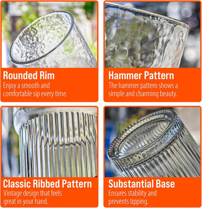 SUROQUE 20oz Ribbed Glass Tumblers with Lids & Straws, Ideal for Iced Coffee, Cocktails & More - Includes Cleaning Brush