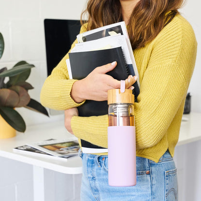 Pinky Up Blair Travel Tea Infuser Mug, Double Walled Insulated Travel Tumbler with Loose Leaf Tea Strainer, Travel Coffee Mug, Keeps Drinks Hot or Cold, 16 oz, White Leaf