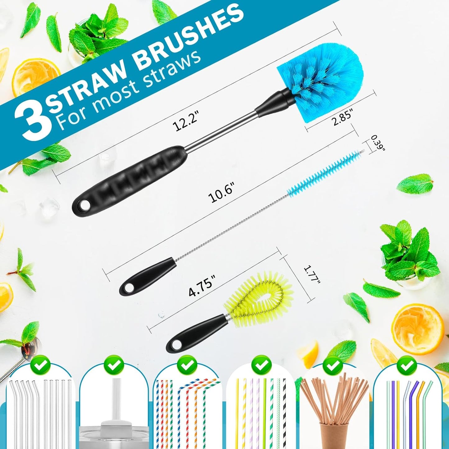 12.2 inch Bottle Brush Set of Three，Washable Coffee Cups, Water Bottles, Baby Bottles, Straws, to-go Cups, Long-Handled 3-in-1 Stainless Steel Bottle Brushes. (Blue)