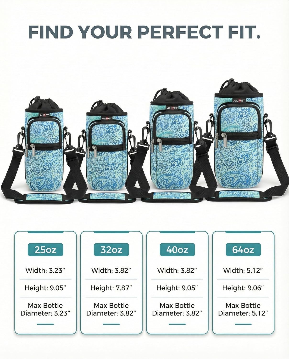 AUPET Water Bottle Sling Bag Sleeve Holder Carrier 25/32/40/64 oz,Insulated Crossbody Water Bottle Case Cover with Strap and Pockets for Men/Women Walking Hiking
