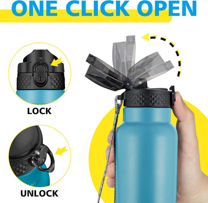 Han's Bottle Sports Water Bottle - 24 Oz, Straw Lid, Leak Proof, Vacuum Insulated Stainless Steel, Double Walled, Thermo Mug,Black