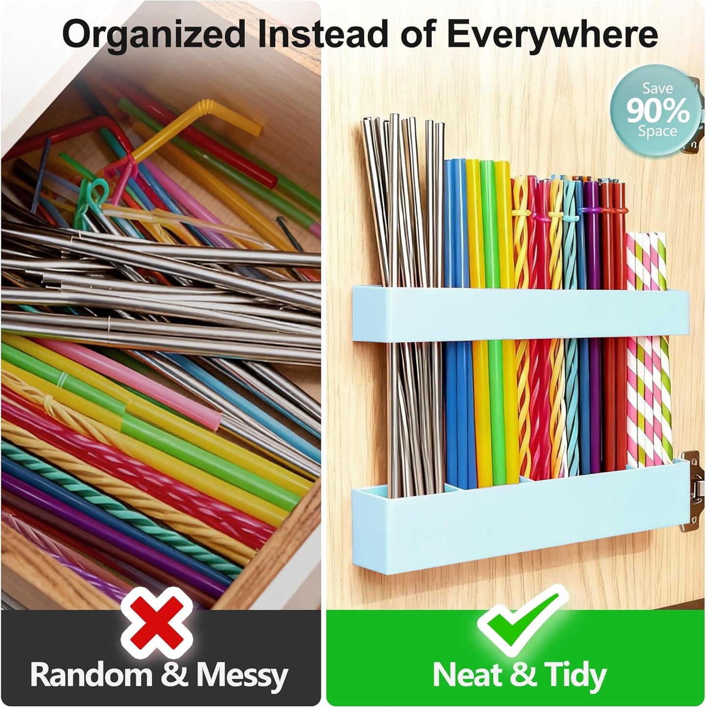 9.5” Large Acrylic Straw Holder for Cabinet Door, Reusable Adjustable Two-Part Straws Organizer with Ultra Sticky Adhesive Strips, 2026 Straw Storage for Kitchen Cupboard (Transparent)