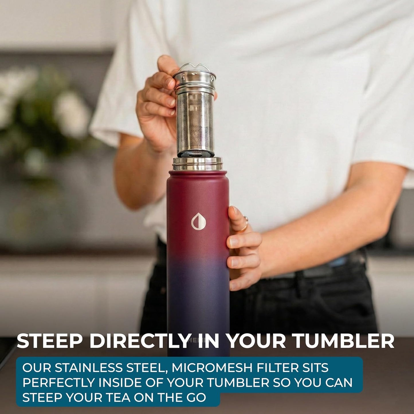 22 oz Ceramic Lined Tea Infuser Travel Tumbler, Micro-Mesh Stainless Steel Infuser, Pure Taste Ceramic Interior, Triple Insulated 12hr Hot Cold, Dual Sip & Straw Lid, Scratch-Resistant