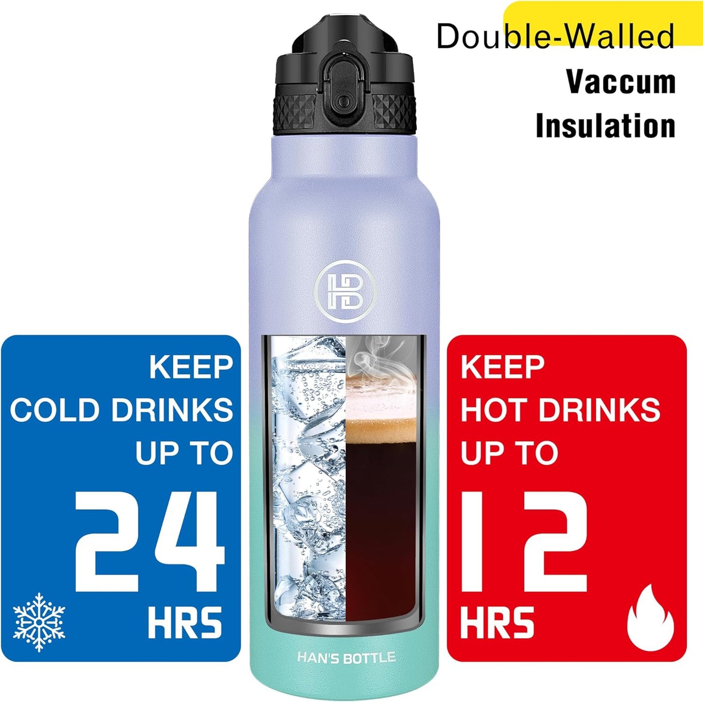 Han's Bottle Sports Water Bottle - 24 Oz, Straw Lid, Leak Proof, Vacuum Insulated Stainless Steel, Double Walled, Thermo Mug,Black