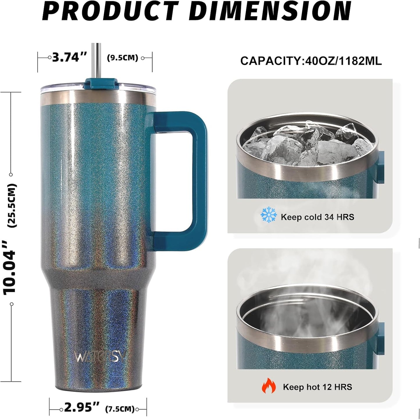 40 oz Tumbler with Handle,Tumbler with Lid and Straw,Double Wall Insulated Cup Stainless Steel Travel Mug(Cold for 34 Hours),Water Bottle for Iced Tea,Coffee,Cold Beverages(Purple)