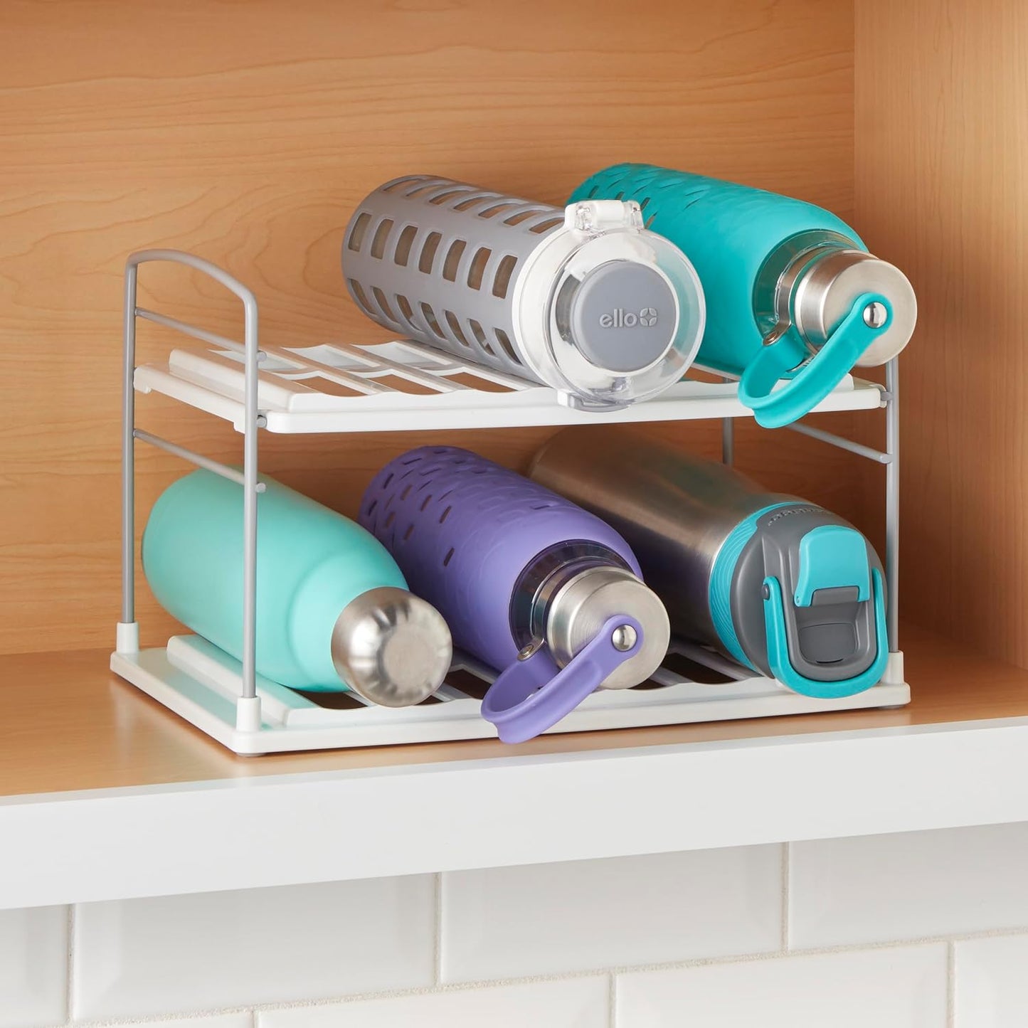 YouCopia UpSpace Water Bottle and Travel Mug Cabinet Organizer, Adjustable Storage Rack for Kitchen Organization, 3-Shelf