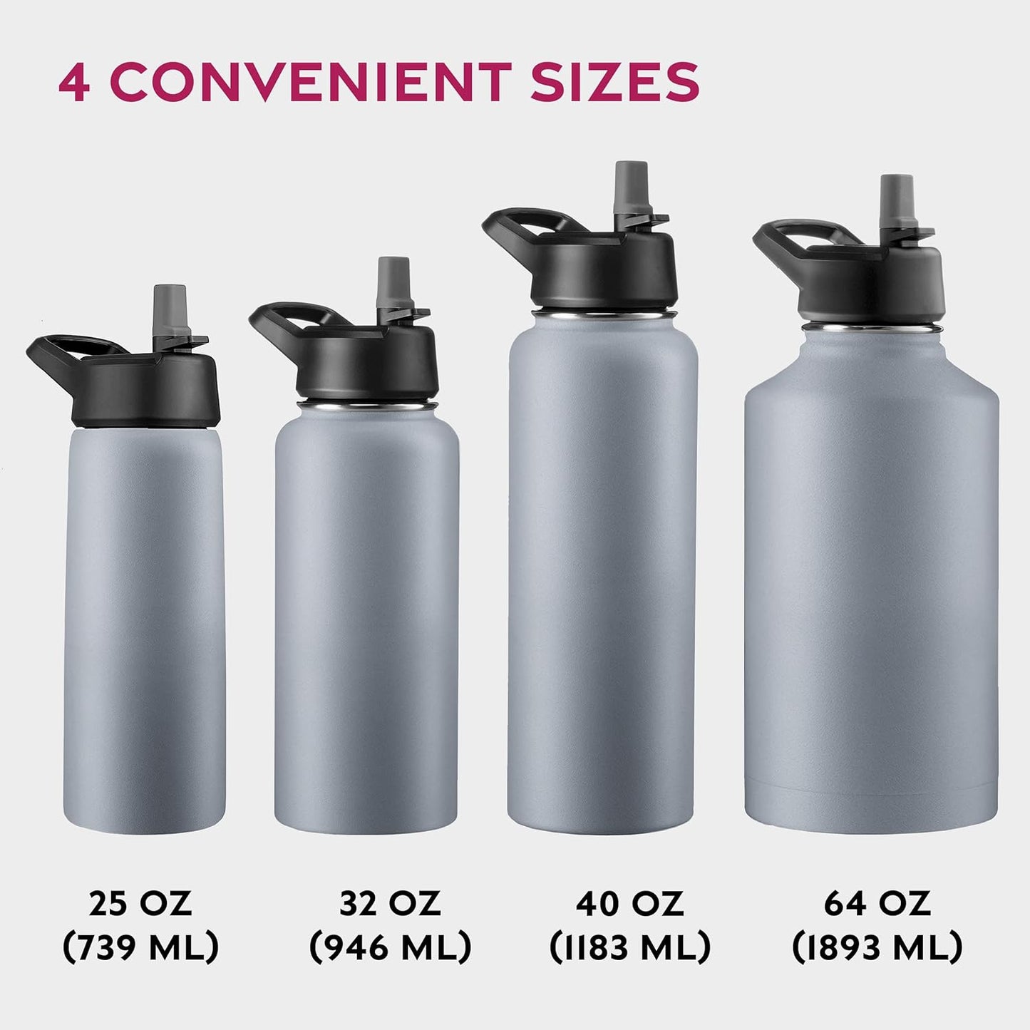 FineDine Water Bottle - Stainless Steel Insulated Water Bottle with Straw Lid, Flip Lid & Wide-Mouth Cap - Keeps Hot and Cold - 25 Oz / 739ml - Dreamy Purple