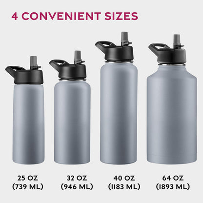 FineDine Water Bottle - Stainless Steel Insulated Water Bottle with Straw Lid, Flip Lid & Wide-Mouth Cap - Keeps Hot and Cold - 25 Oz / 739ml - Dreamy Purple